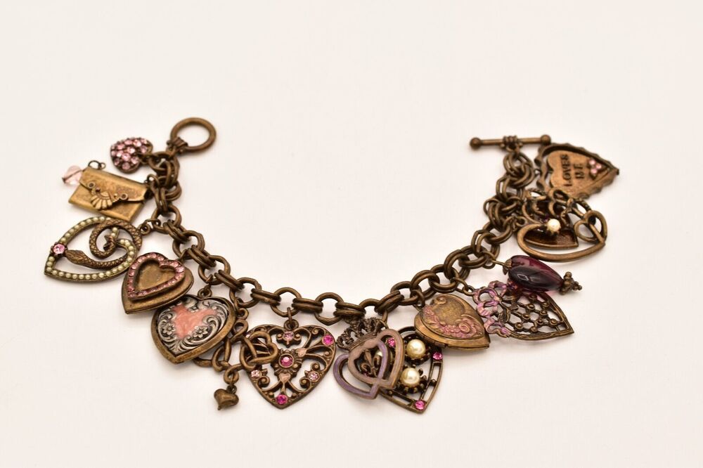 Sweet Romance Vintage Charm Bracelet Heart Locket Crystal Brass Signed BinAD
